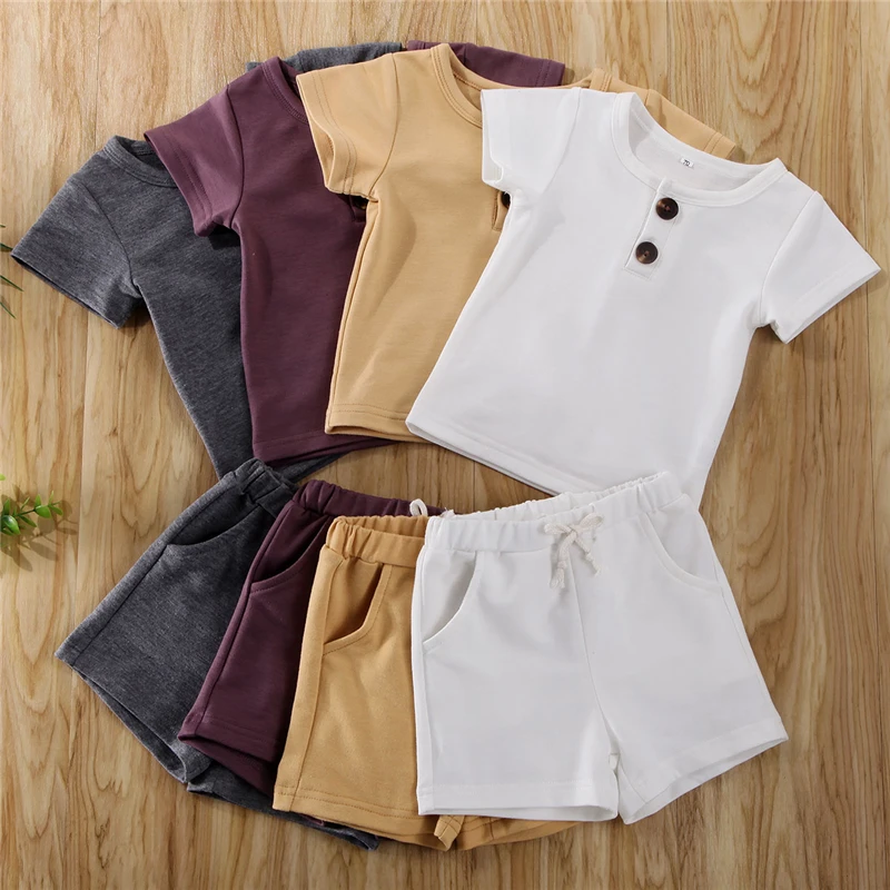 2020 Newborn Kid Baby Girl Boy Summer Clothes Set Short Sleeve Top T-shirt Shorts Pants 2Pcs Outfit Solid Color 0-24M | Детская одежда