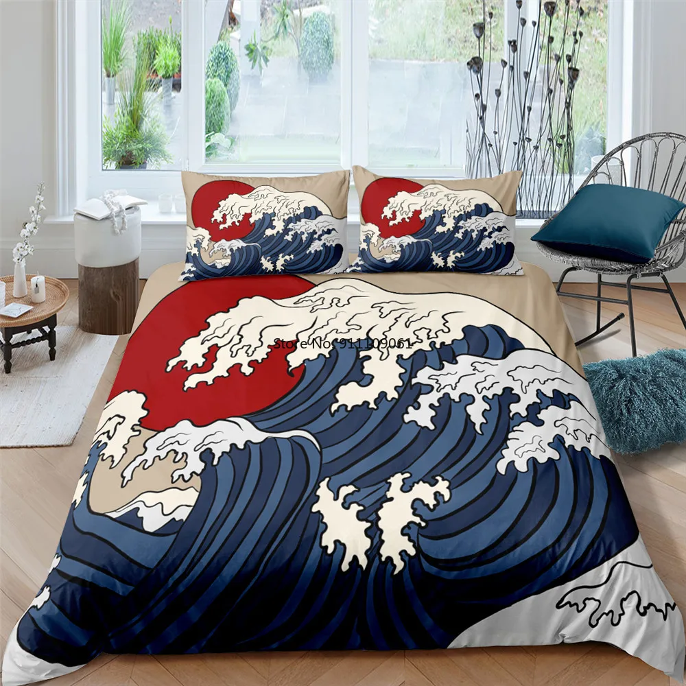 Японский роскошный комплект постельного белья с морским волнистым пейзажем