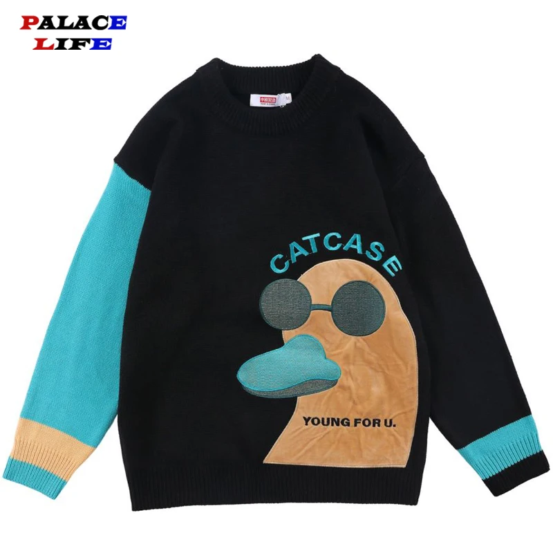 

Japanese Vintage Knitted Sweater Men Women Cartoon Funny Duck Patch Harajuku Casual Pullover Sweater Tops 2021 Autumn