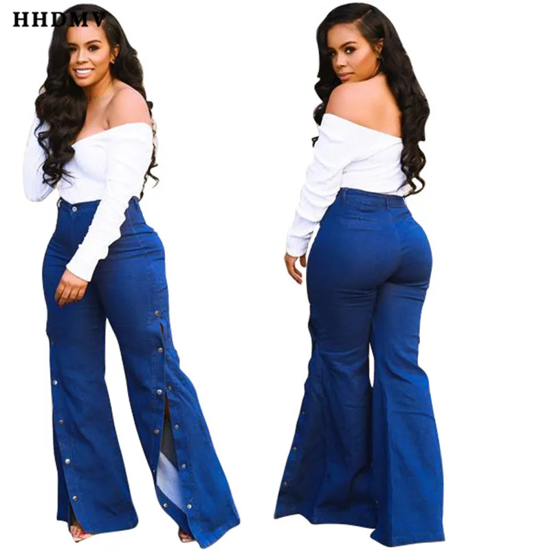 HHDMV HSF2048 fashion high street style long denim pants waist buttons open fork wide-legged | Женская одежда