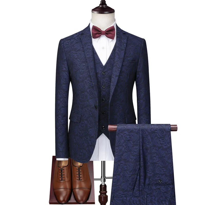 Groom Wedding High End Jacquard Slim Fit Three Piece Suit Blazer Vest Pants Retro Luxury Fashion Jacket Coat Trousers | Мужская одежда