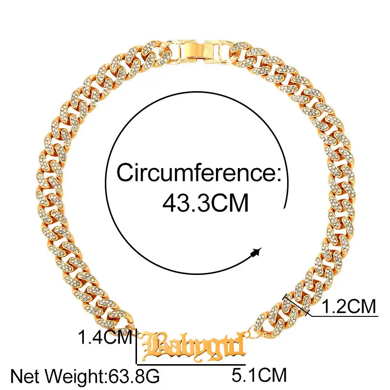 

Bling Hip Hop Babygirl Letter Pendant Necklace for Women Thick Miami Cuban Link Chain Men Iced Out Choker Necklace Jewelry Gift