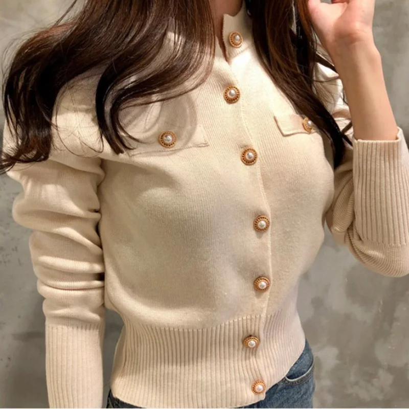 Вязаный женский короткий кардиган свитер корейский однобортный с длинным