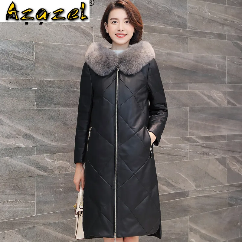 

Женский пуховик из натуральной кожи, с воротником из лисьего меха, ZT3723