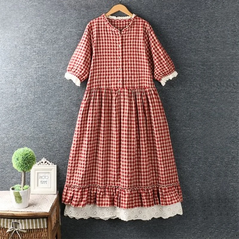 

22021 Mori Girl's New Summer Sweet Lace Round Neck Cotton and Linen Plaid Dress Embroidered Lace Ruffled Retro Mori Dress