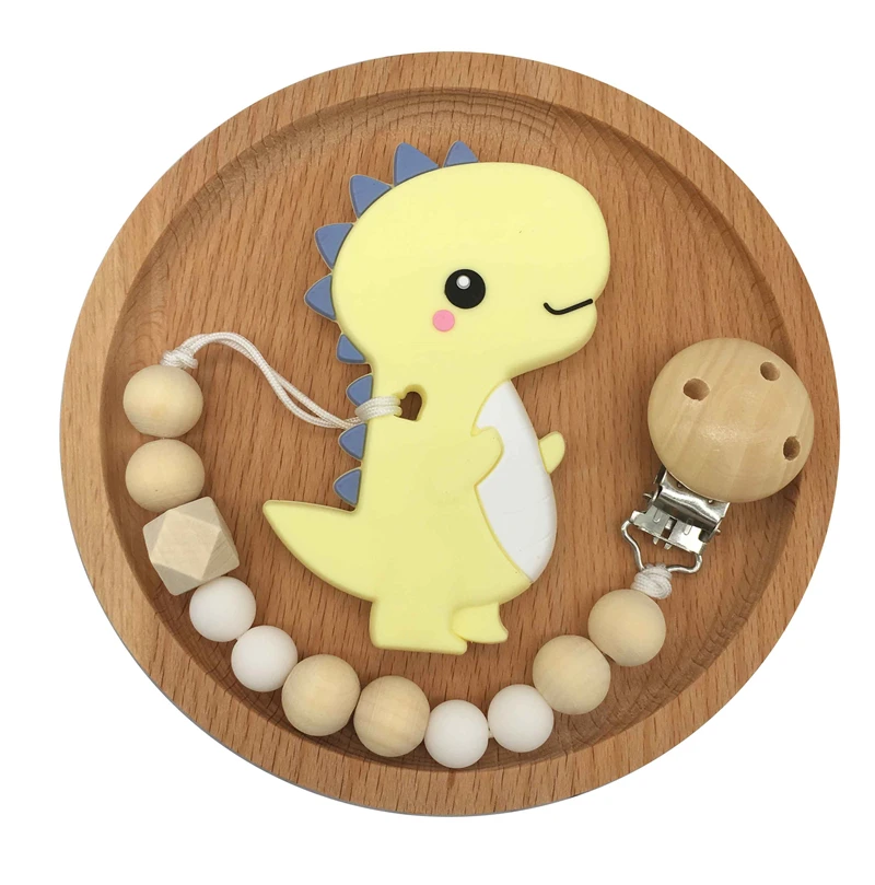 teether and chain Прищепка для соски цепь мультфильм Динозавр Прорезыватель деревянные бусины пустышка Клип пустышка жевательный поводок соска держатель Прорезыватель - Цвет: teether and chain