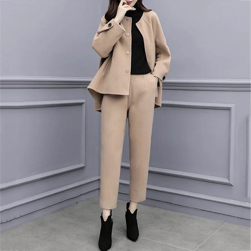 Женские осенние и зимние брюки большого размера из двух частей Шерстяная Рубашка