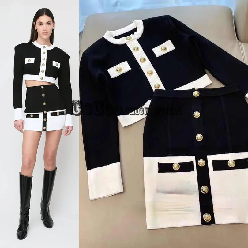 

high end SPRING two piece outfits for Women Slim Fit Single Breasted Metal Buckle knitted long sleeve crop top mini Skirt S-L