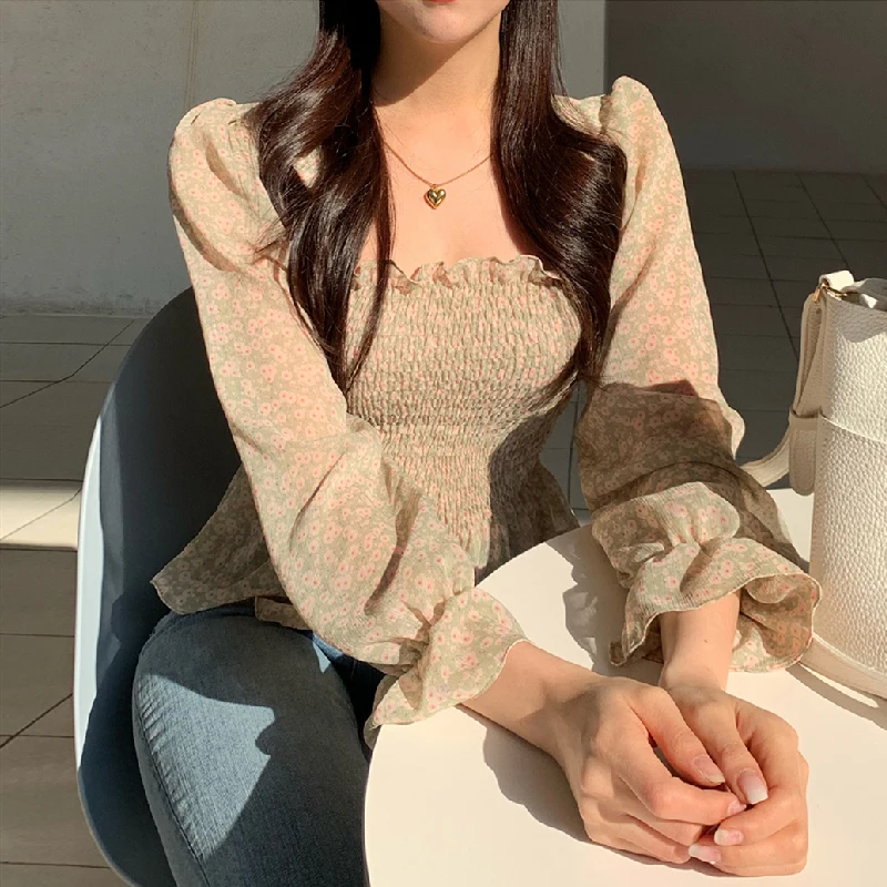 Блузка женская шифоновая с цветочным принтом длинным рукавом и квадратным