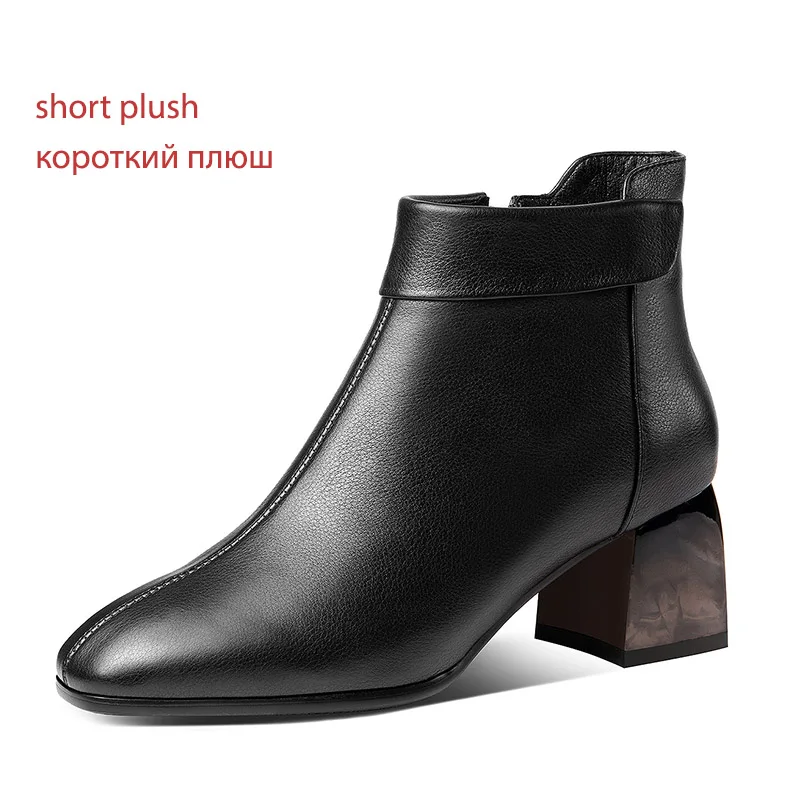 ISNOM/сапоги на высоком каблуке; женские ботильоны из коровьей кожи; женская обувь на молнии; женская обувь с квадратным носком; Женская Офисная обувь; Сезон Зима; - Цвет: black short plush