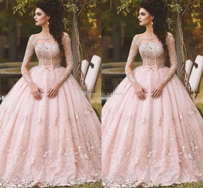 Pink Long Sleeve Quinceanera Dresses 2022 Lace Appliqued Bow Sheer Neck Vintage Sweet 16 Girls Debutantes Quinceanera Dress