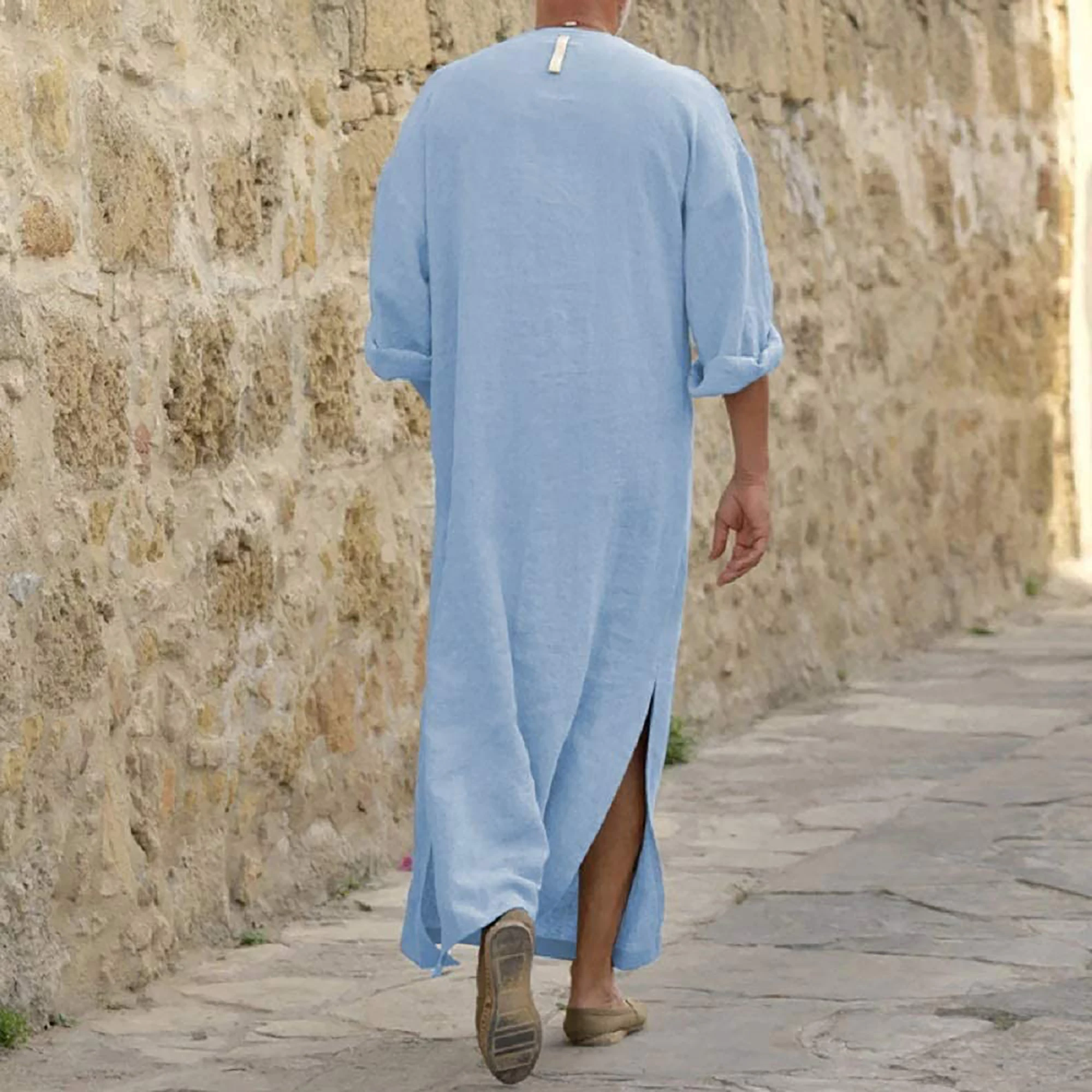 Muslim Men Islamic Arabic Kaftan Loose Half Neck Clothing Mid-Sleeve Abaya Robes Fashion Saudi Arabia Dubai Male Jubba Thobe 5XL