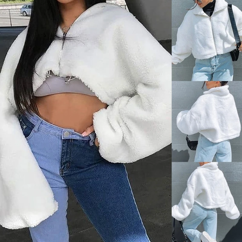 

Women Winter Warm Fuzzy Plush Zipper Coat Batwing Long Sleeve Lapel Oversized White Jacket Shaggy Loose Harajuku Hip Hop Cropped
