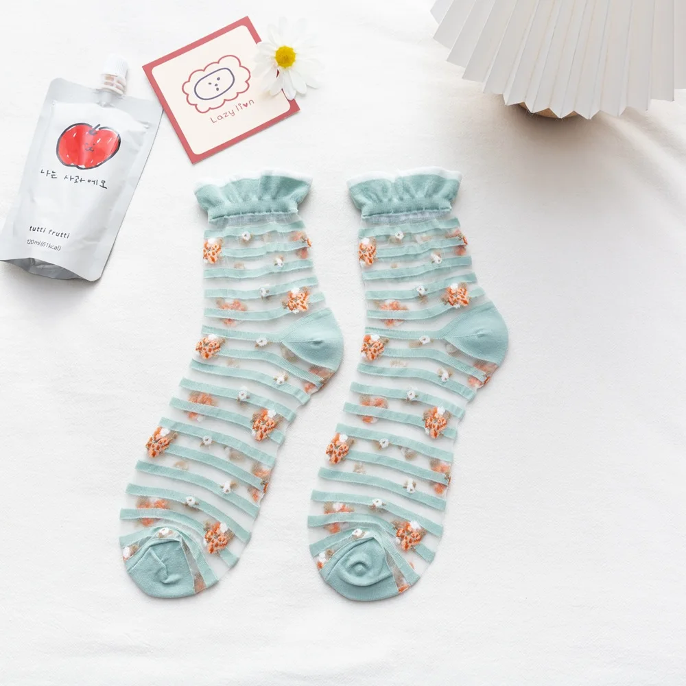 

New Spring Summer Ultra-thin Cotton Silk Lace Women Socks Cute Stripe Transparent Kawaii Flowers Mesh Casual Ladies Meias