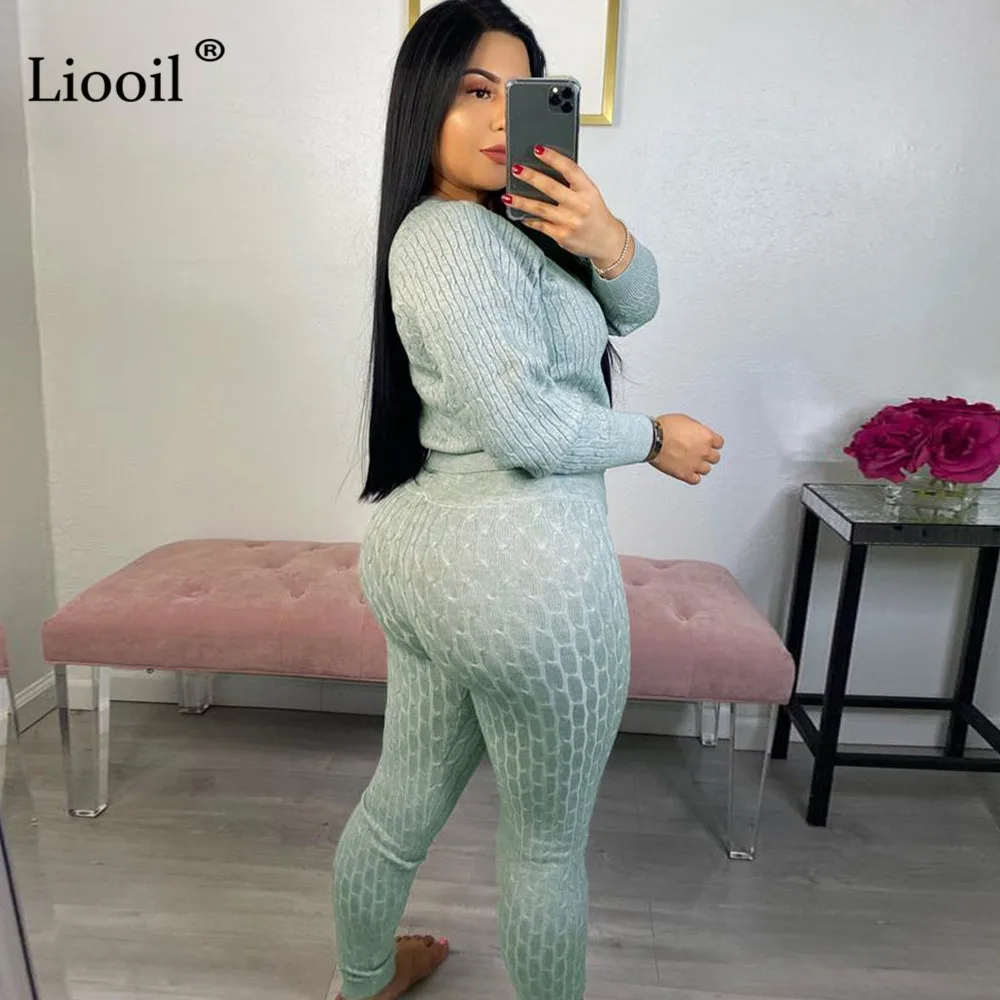 Liooil, вязаный комплект из двух предметов, свитер, топ и штаны, с длинным рукавом, с круглым вырезом, облегающие, вечерние, для ночного клуба, наряды для женщин, подходящие комплекты