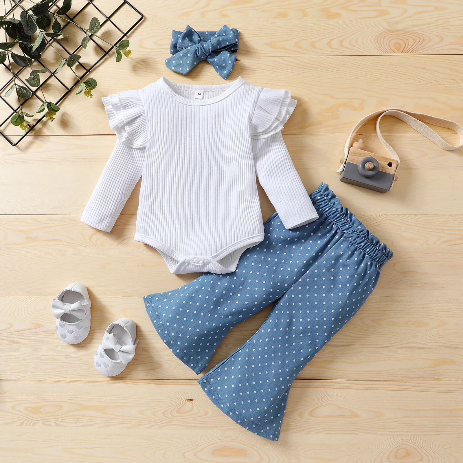 

Newborn Autumn Solid Bodysuit + Polka Dot Denim Print Pants + Handband Suit Baby Girls Romper + Flares + Bow Outifits Clothing