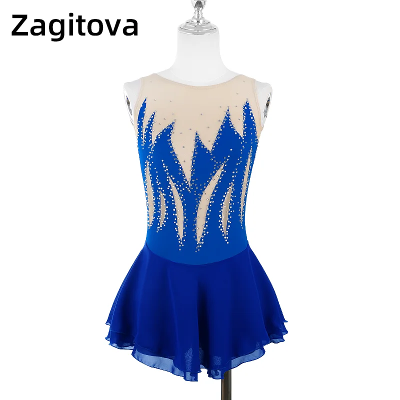 

Royal Blue Figure Skating Dress Women And Girls Ice Skating Clothes Sleeveless Hollow Out With Rhinestones