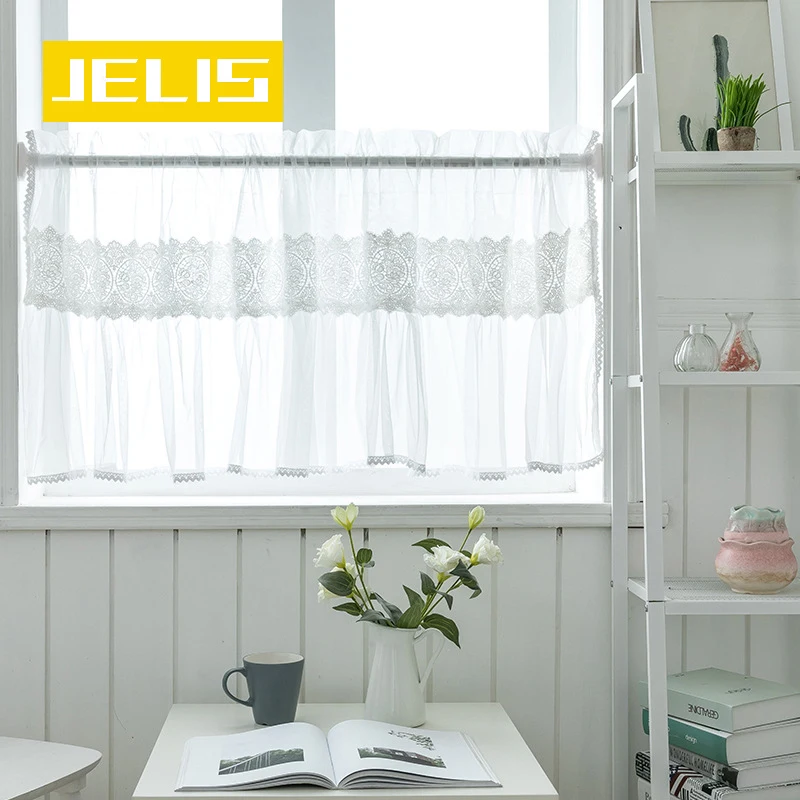 

American Luxury White Lace Splicing Sheer Curtain for Kitchen Window Roman Curtain Short Valance Delicate Wave Bottom Home Decor
