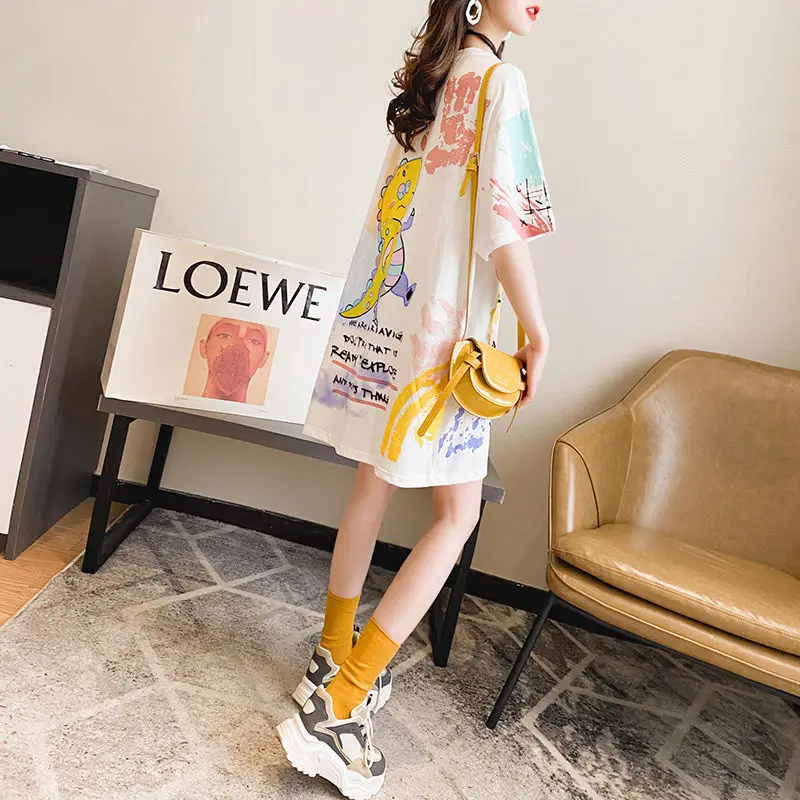 Летнее платье-футболка в японском стиле женское белое платье с коротким рукавом