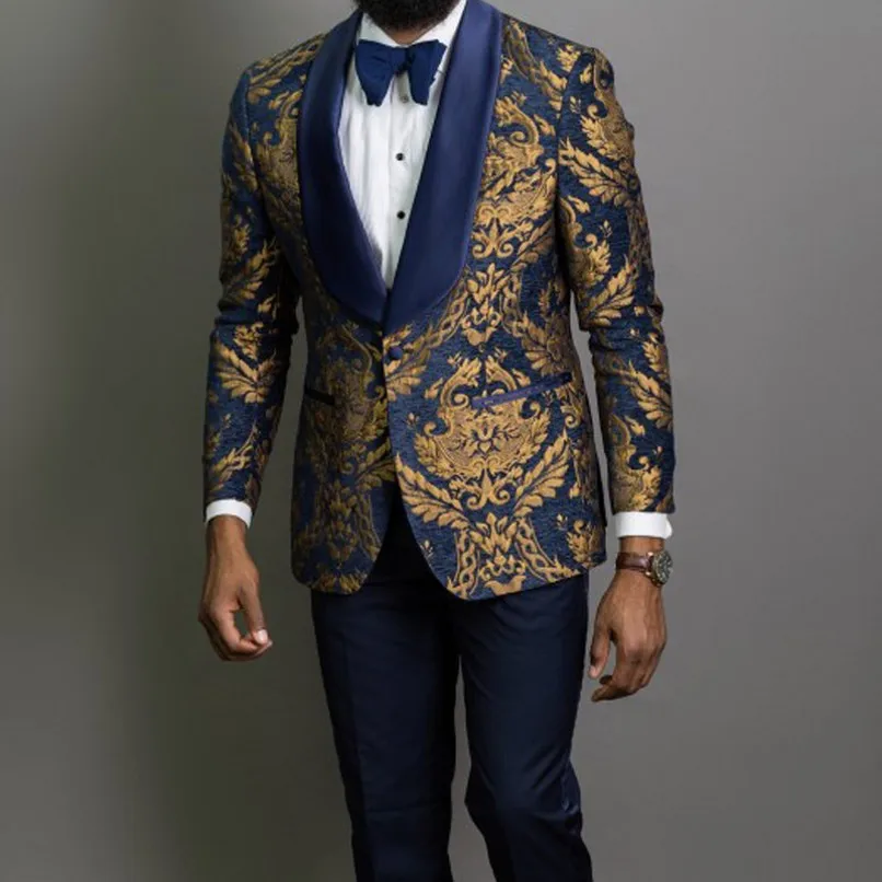 

Custom Made Groomsmen Navy Blue Groom Tuxedos Shawl Satin Lapel Men Suits 2 Pieces Wedding Bridegroom ( Jacket+Pants+Tie ) D127