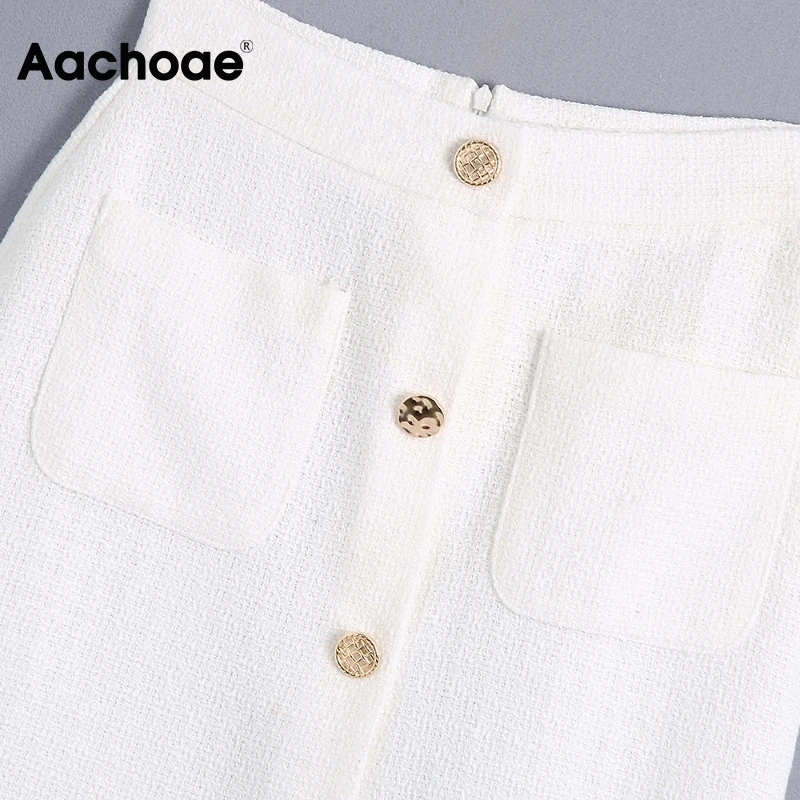 Юбка-миди Женская твидовая трапециевидная с карманами разрезом на пуговицах -