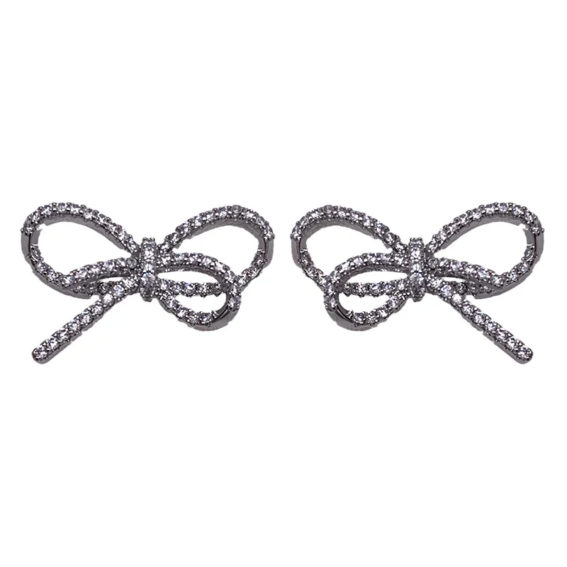 

Fashion simple bow ribbon earrings full diamond zircon ear studs French retro exquisite small tide