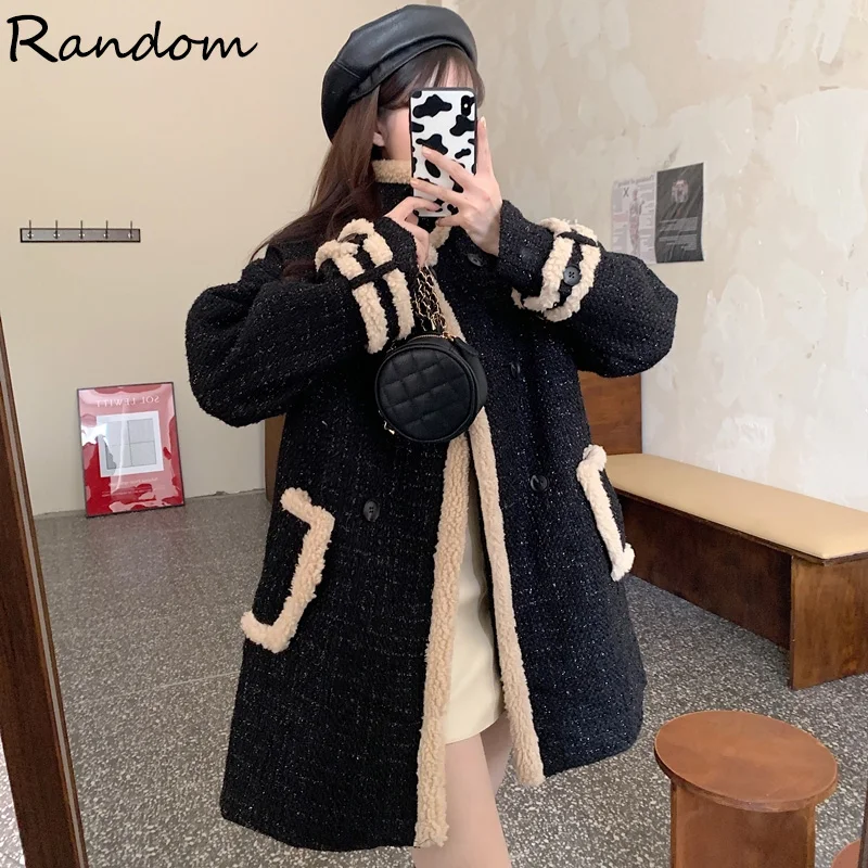 Женское твидовое пальто с карманами винтажное уличное теплое длинными рукавами