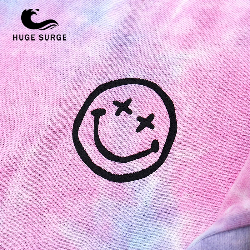 

HUGE SURGE Summer Super Hot Tie-dye Smiley Face Men And Women BF Style Loose Couples Short Sleeve Pink T-shirt Hip Hop Tops Tee