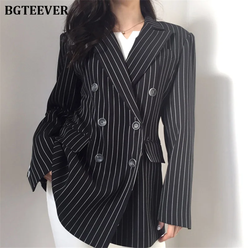 Офисные женские полосатые блейзеры женский двубортный костюм куртка