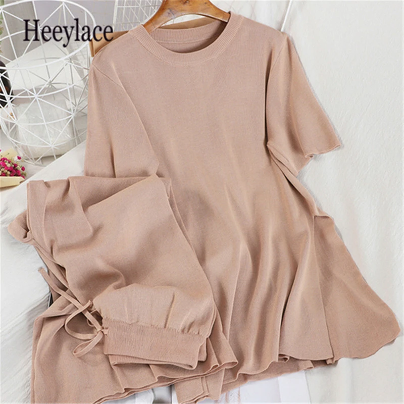 Трикотажный комплект из 2 предметов: Топ и штаны короткий рукав трикотаж средней