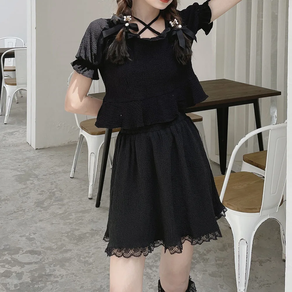 

Summer 2021 New Japanese Retro Fashion High Street Two Piece Sets Solid Color High Waist Round Neck Bandage Summer