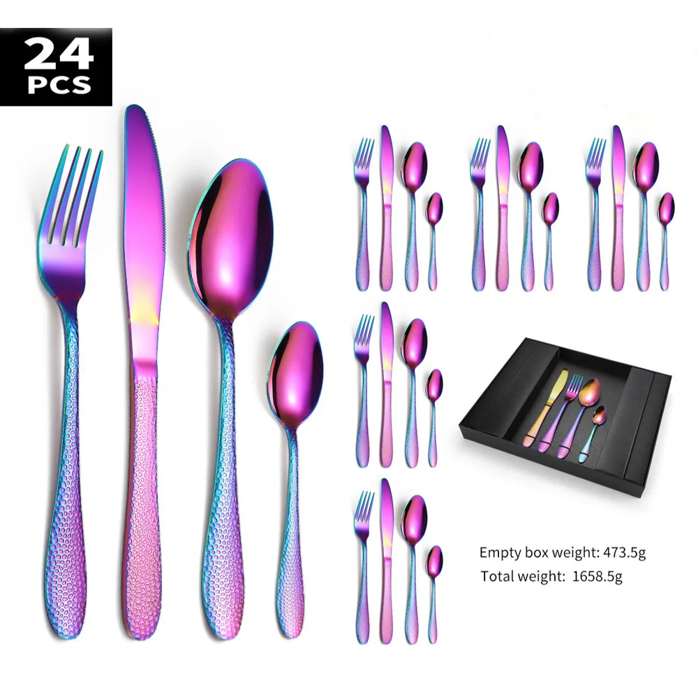 

Stainless Steel Rainbow Cutlery Set 24Pcs Tableware Dishwasher Safe Fork Spoon Knife Gift Box Weddings Tableware Dinnerware Sets
