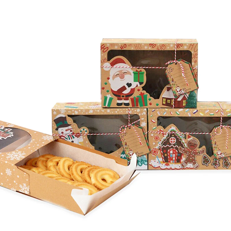 

Candy Cookie Boxes Kraft Paper Favor Gift Box PVC Clear Window Xmas Cookies Treats Bags Christmas New Year Party Decoration