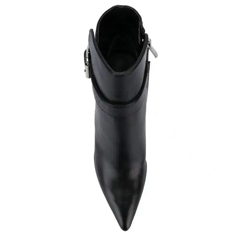 Black Patchwork Stone Print Buckle Strap Fashion Boots for Women Pointy Toe Square High Heel Work Shoes Booty Zip Size 46