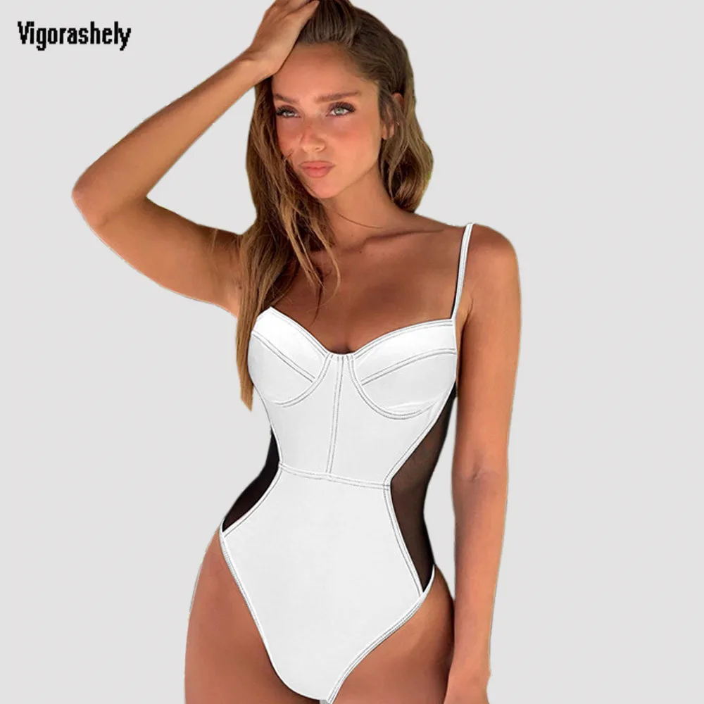 2020 сексуальный сетчатый твердый белый сплошной купальник женский пуш ап летняя
