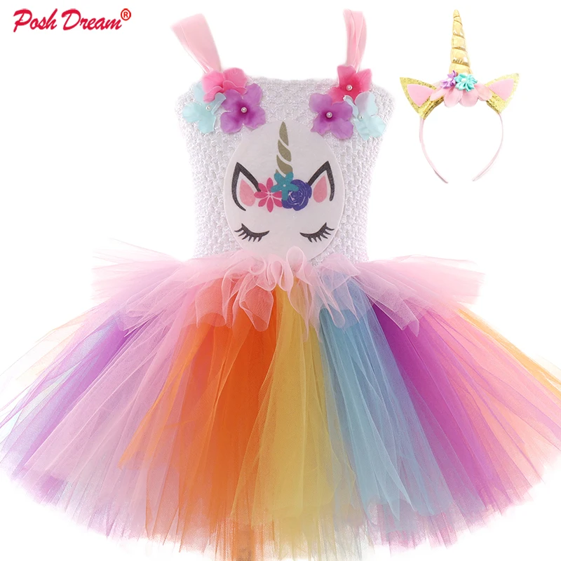 POSH DREAM Christmas Fluffy Girl Princess Unicorn Dress Gorgeous Backless Long Tail Wedding Kids Halloween Cosplay | Детская одежда и