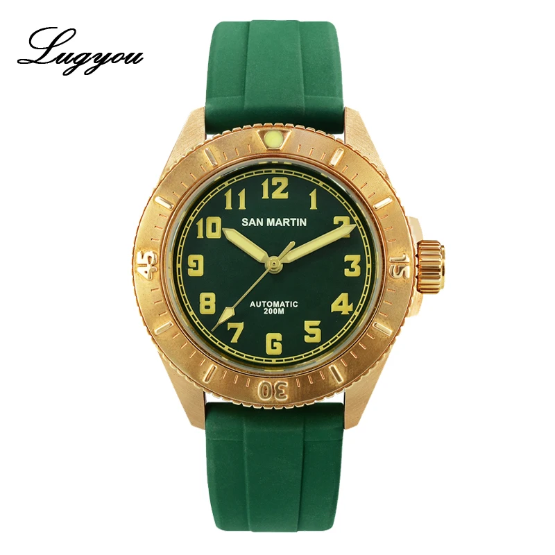 Lugyou San Martin Diver часы Бронзовый автоматический вращающийся Безель 200 м Водонепроницаемость Профессиональный резиновый ремешок светящийся циферблат