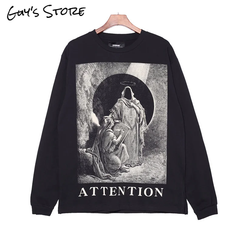 

Diablo Virgin and Grim Reaper distressed printed long-sleeved T-shirt, hip-hop loose high street compassionate T-shirt for men