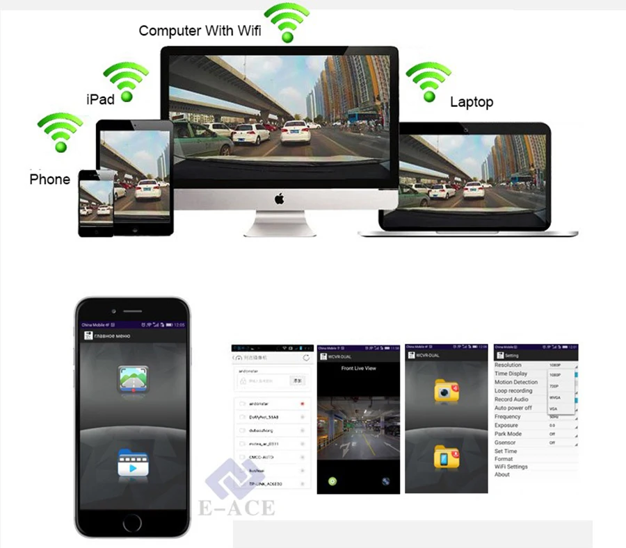 E-ACE, Автомобильный видеорегистратор, видеорегистратор, wifi, камера, авто регистратор, FHD 1080 P, цифровой видеорегистратор, видеокамера, ночная версия, видеорегистратор