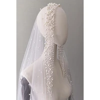 whiteivory romantic trailing cathedral bridal wedding veil one layer pearl beading headpiece ee507
