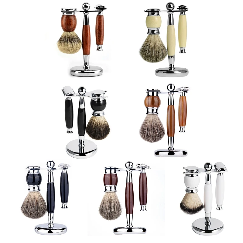 

3 In 1 Men Luxury Manual Shaving Kit Beard Cleaning Brush Metal Shaver Razor Stand Holder Hair Trimmer Grooming Tool Set