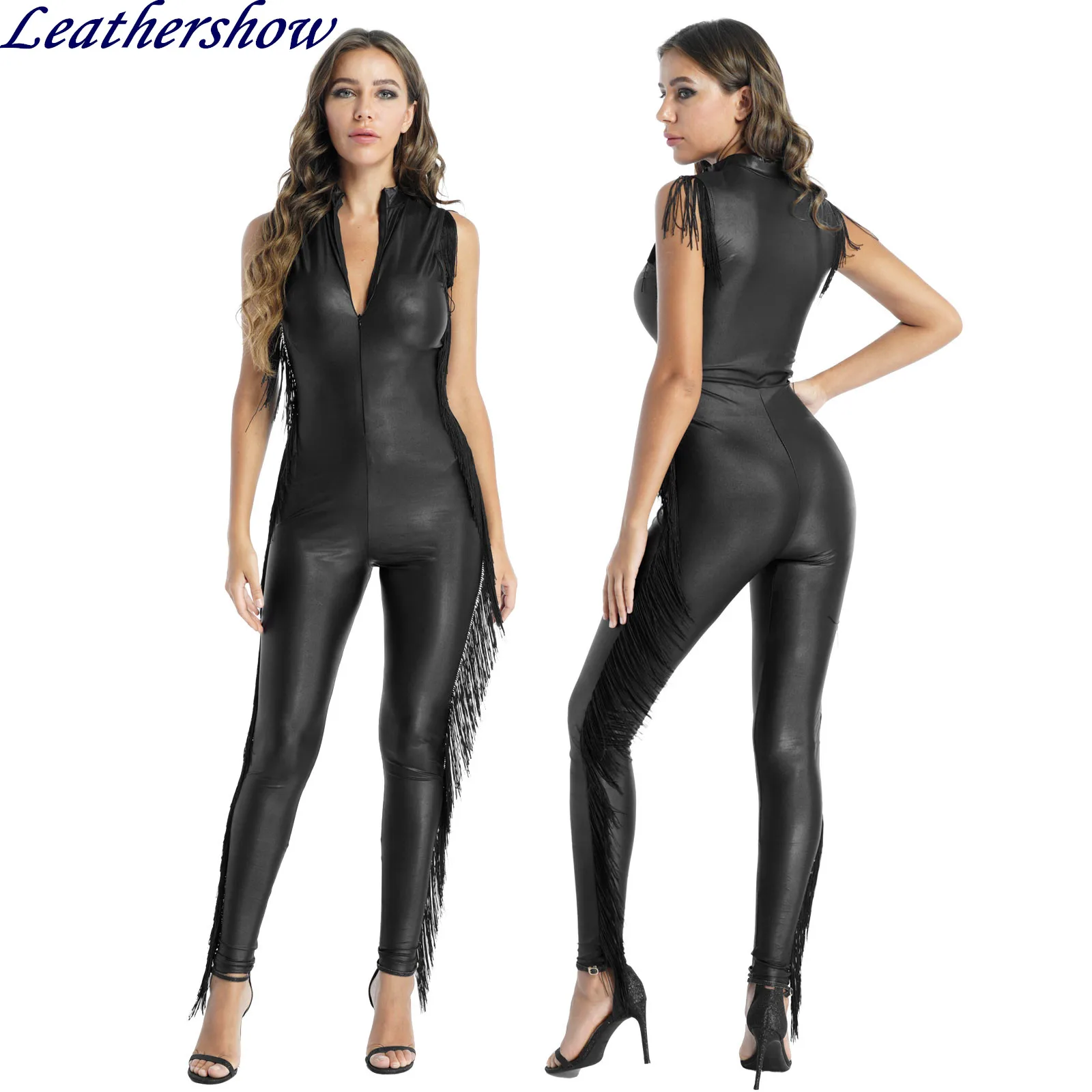 

Faux Leather Jumpsuits Women Tassel Skinny Mock Neck Sleeveless Tassle Bodysuit Slim Fit Fashion Fringed Catsuit New Clothes Lad