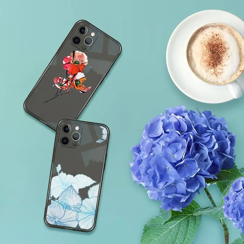 

Watercolor flowers gold leaves Phone Case For iPhone 7 8 11 12 X XS XR MINI Pro Max Plus Retro Black Grey clear transparent