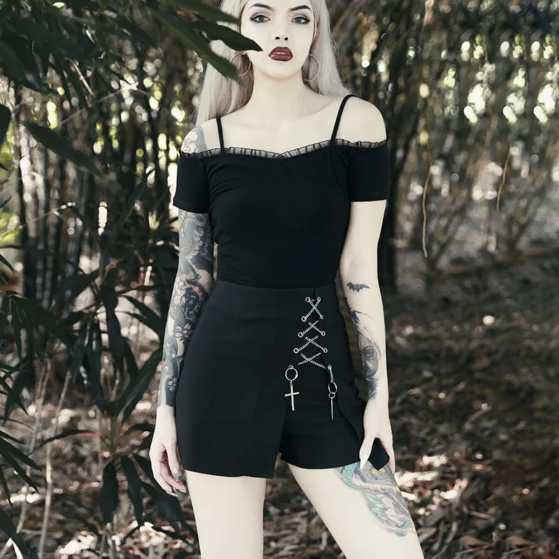 

Summer Streetwear Casual Chain Cross Bandage Gothic Punk Slim Shorts Women Black High Waist Hot Shorts with Necklace Pendant