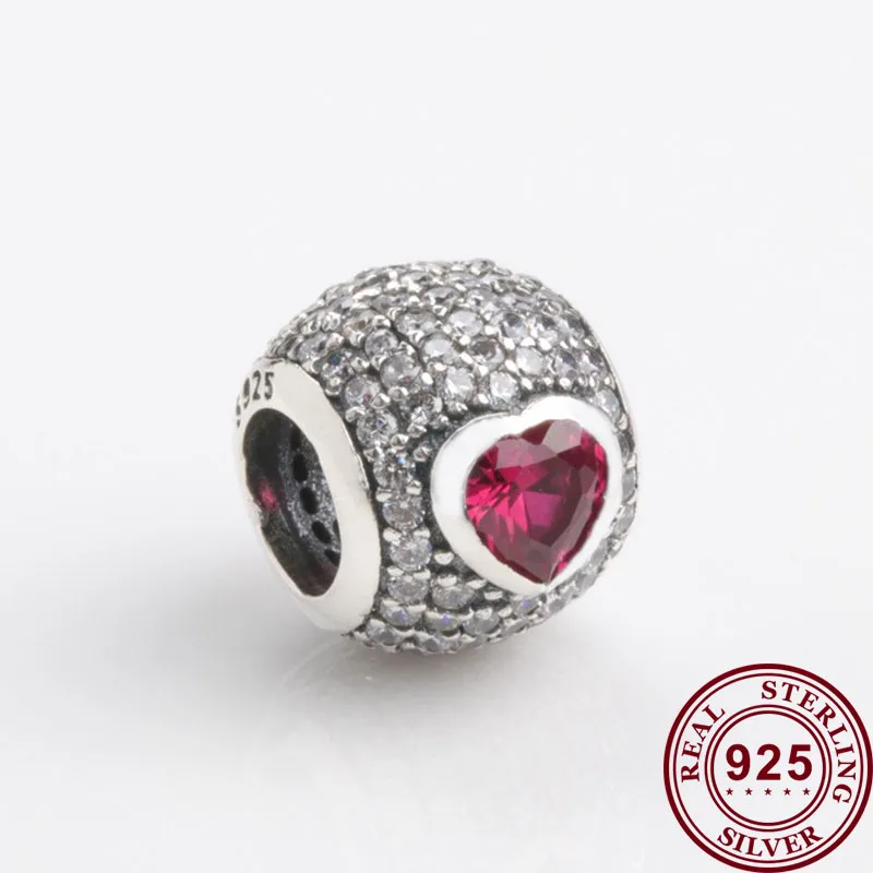 

Original 925 Sterling Silver Bead New Round With Crystal Red Heart Beads Fit Pandora Women Bracelet & Necklace Diy Jewelry