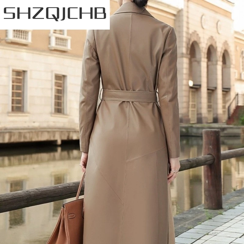 

JCHB 2021 Womens Elegant Khaki Sheepskin Trench Coat Slim Fit Belt Long Real Leather Jackets Luxury Fashion Office Overcoat Fema