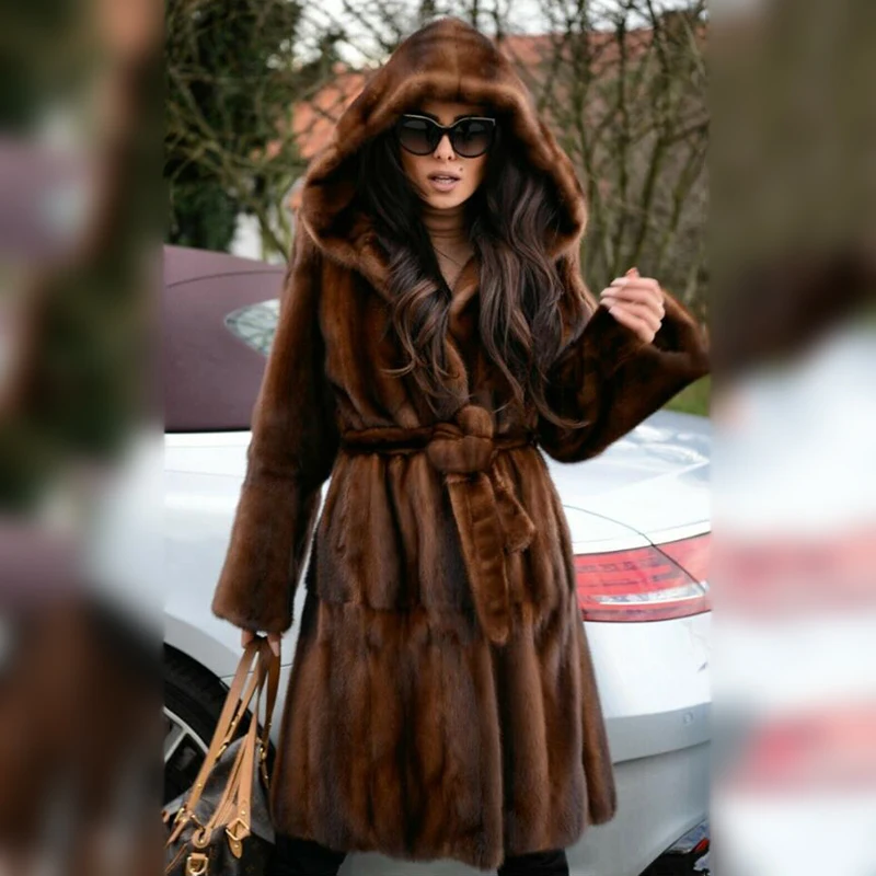 Winter Woman Natural Mink Fur Coat With Hood 2021 New Fashion Genuine Mink Fur Coats 100cm Long Luxury Overcoats With Fur Belt