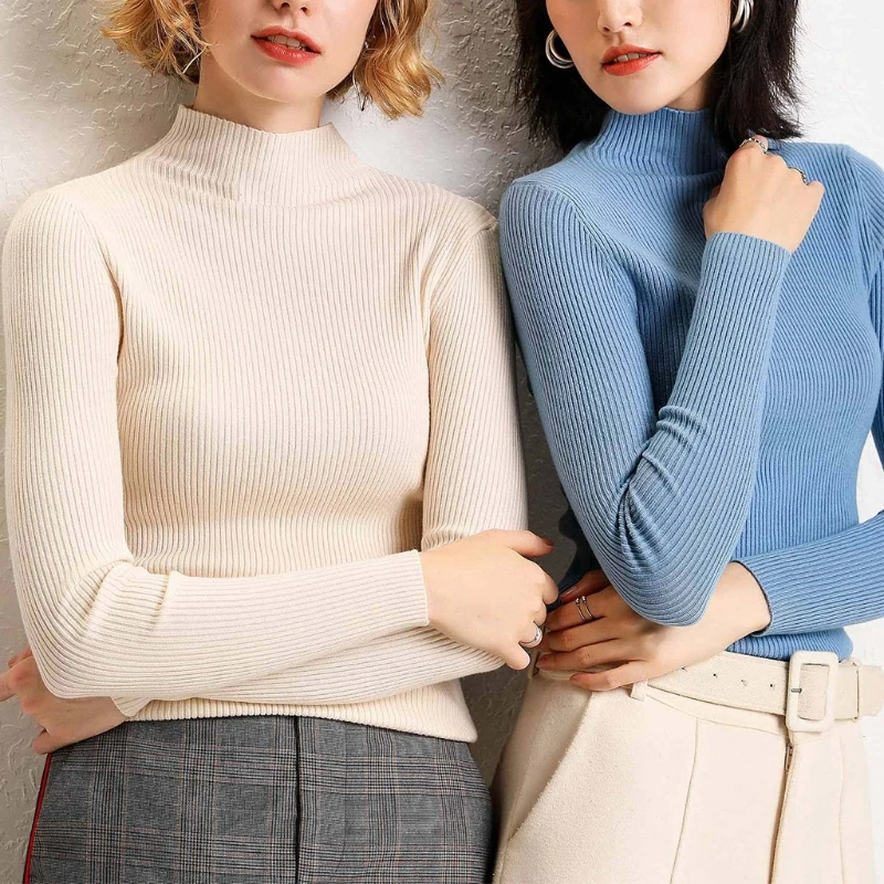 

Women Autumn Ribbed Knitted Sweater Turtleneck Solid Color Striped Slim Fit Pullover Tops Mock Neck Stretch Basic Layering Casua