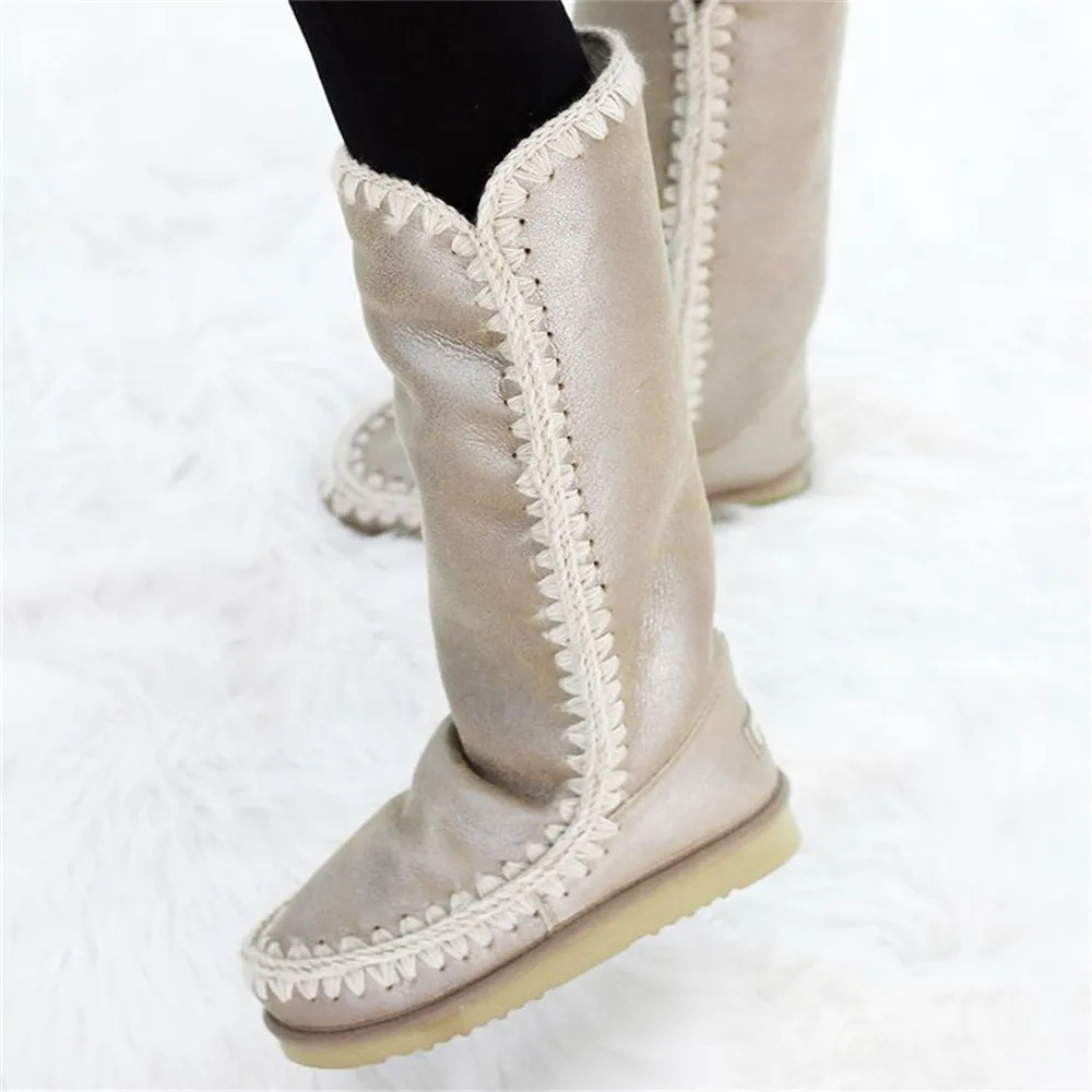 

2022 winter women snow knee high boots eskimo 40/50cm sheepskin handmade sewing waterproof flat ladies long boot