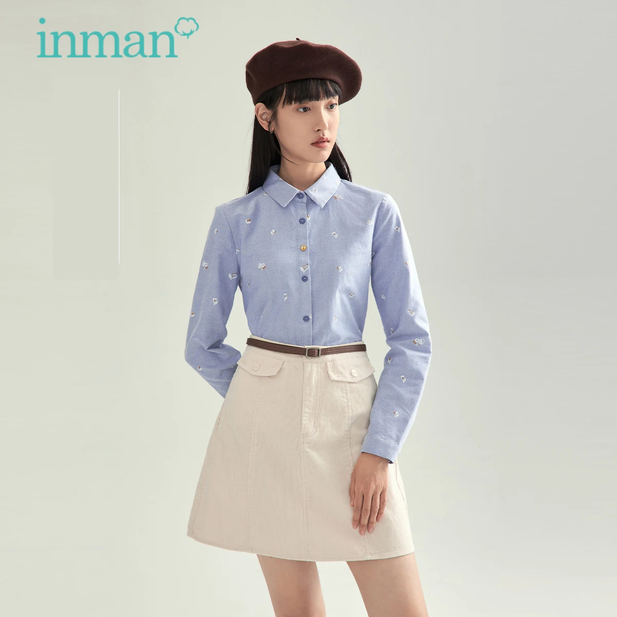 

INMAN Spring Autumn Women's Top Fresh Cute Small Embroidery Pointed Collar Shirt Loose Long Sleeve Buttons Casual Blouse